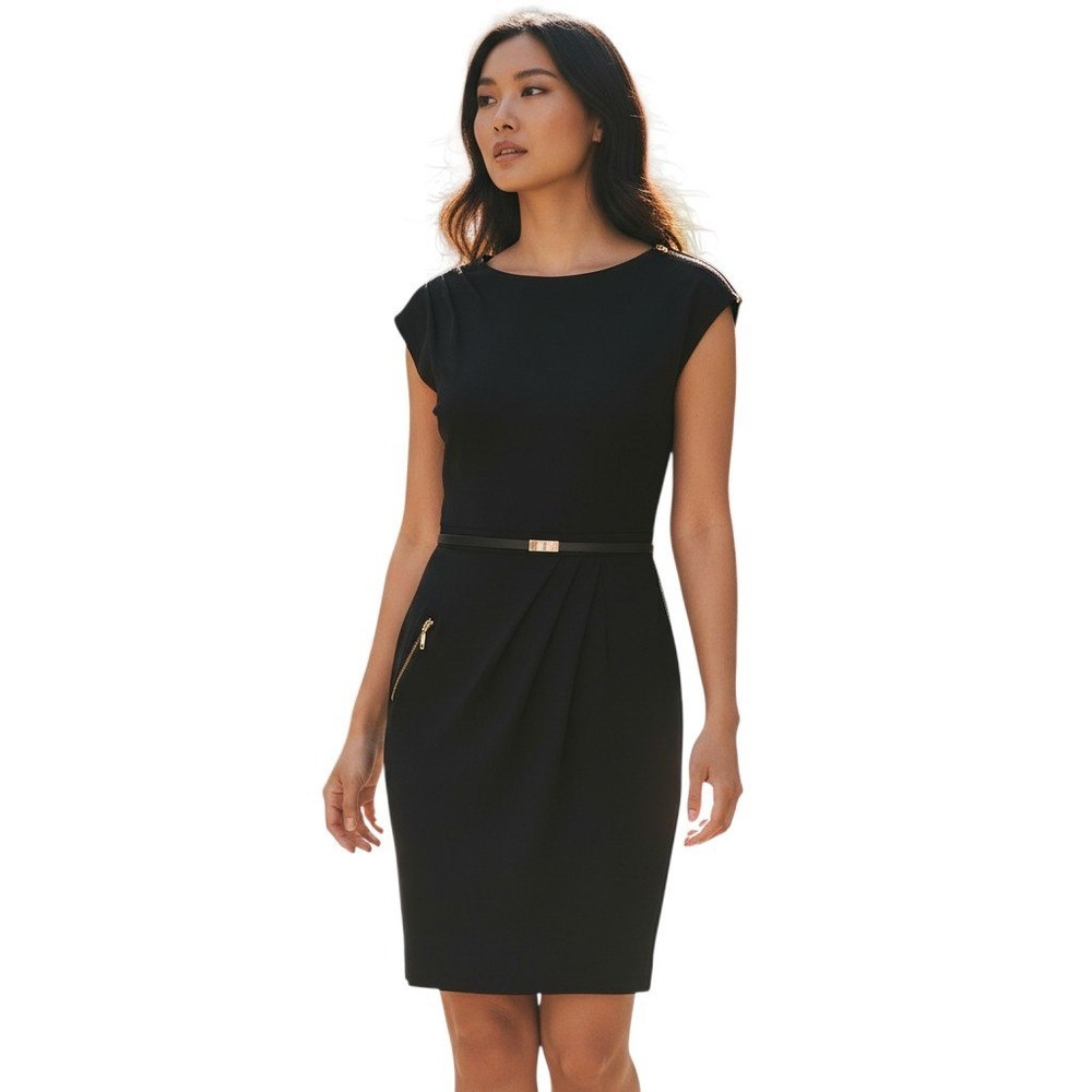 Vintage Womens FERVENTE Dress  Black Cap Sleeve Sheath Gold Zipper‎ Sz 4 Y2K